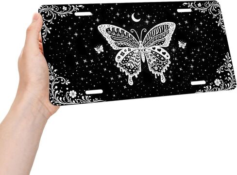 Butterfly Front License Plate for Women Gothic Black White Celestial Moon Stars Car Vanity Plates Decorative Aluminum Metal Cute Novelty License Plate for Men 6x12 Inch (4 Holes) in Saudi Arabia