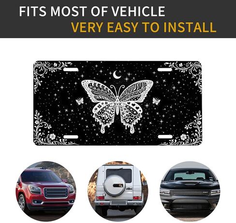 Butterfly Front License Plate for Women Gothic Black White Celestial Moon Stars Car Vanity Plates Decorative Aluminum Metal Cute Novelty License Plate for Men 6x12 Inch (4 Holes) in Saudi Arabia