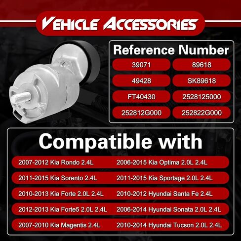 Belt Tensioner Assembly with Pulley, Compatible with Hyundai Santa Fe Sonata Tucson ＆ Kia Forte Forte5 Magentis Optima Rondo Sorento Sportage, L4 2.0L 2.4L, Replace# 2528125000 in Saudi Arabia