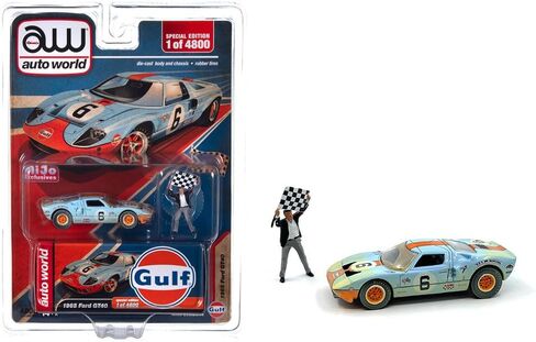 1965 GT40#6 أزرق فاتح مع شريط برتقالي (نسخة يرتديها السباق) مع شكل رجل العلم إصدار محدود إلى 4800 قطعة في جميع أنحاء العالم 1/64 نموذج سيارة مصبوبة من Auto World CP8053 in Kuwait