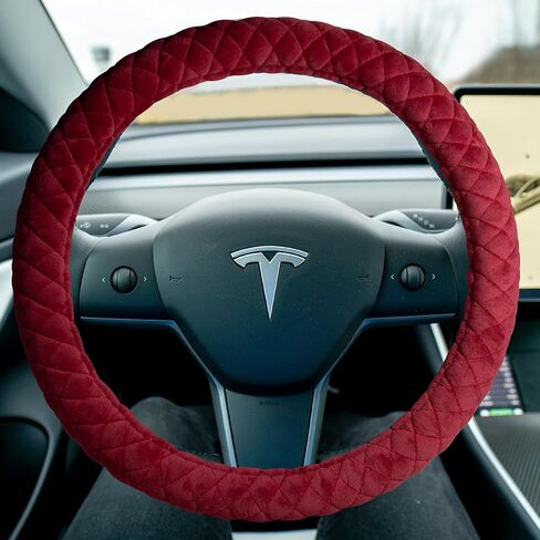 Haokay Fluffy Steering Wheel Cover for Tesla Model Y/3 2016-2025 2026 Highland/Juniper, Red,14 Inch Small Sized, Comfy Soft Short Plush, Non-Slip, Breathable in Saudi Arabia