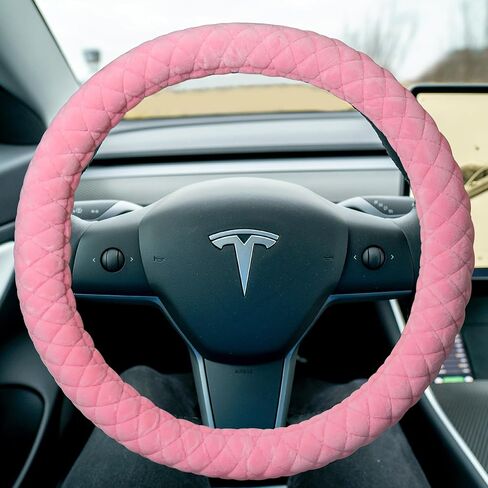 Haokay Fluffy Steering Wheel Cover for Tesla Model Y/3 2016-2025 2026 Highland/Juniper, Red,14 Inch Small Sized, Comfy Soft Short Plush, Non-Slip, Breathable in Saudi Arabia