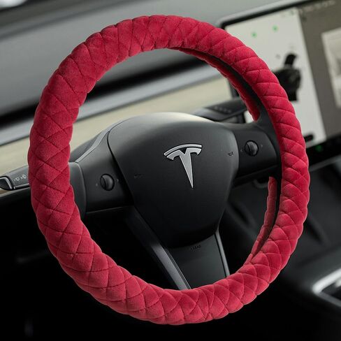 Haokay Fluffy Steering Wheel Cover for Tesla Model Y/3 2016-2025 2026 Highland/Juniper, Red,14 Inch Small Sized, Comfy Soft Short Plush, Non-Slip, Breathable in Saudi Arabia
