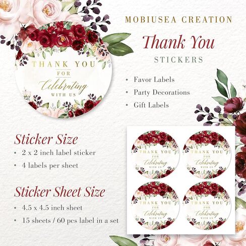 Mobiusea Creation Red & Blush Pink شكرًا لك على الاحتفال معنا بالملصقات | 60 قطعة من ملصقات الزهور شكرًا لك على هدايا الحفلات | ملصقات مقاومة للماء لحفلات الزفاف والخطوبة وحفلات الزفاف والمعمودية in Kuwait