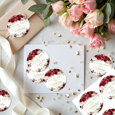 Mobiusea Creation Red & Blush Pink شكرًا لك على الاحتفال معنا بالملصقات | 60 قطعة من ملصقات الزهور شكرًا لك على هدايا الحفلات | ملصقات مقاومة للماء لحفلات الزفاف والخطوبة وحفلات الزفاف والمعمودية in Kuwait