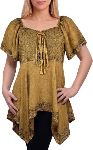 Agan Traders Boho Asymmetrical Handkerchief Diamond Neck Embroidered Tops for Women - Empire Waist Cap Sleeve Womens Blouse in Saudi Arabia
