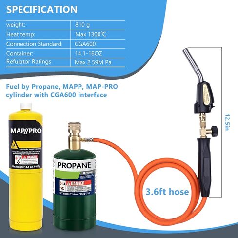 Propane Torch Hose Kit, Mapp Gas Torch Heat 3600℉ Map Gas Torch Kit Trigger Start & Heat Adjustment, Soldering Welding Torch Fuel by MAPP, Map/Pro,Propane(Includes Cylinder Clip) in Saudi Arabia
