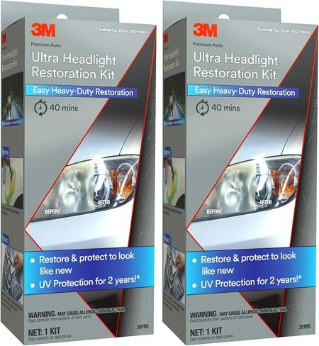 مجموعة ترميم المصابيح الأمامية 3M Ultra 39195، عبوتان (مجموعتان)، تزيل الضباب الأصفر الغائم، أقراص صنفرة حبيبات 500/800/3000 + طبقة شفافة، للعدسات البلاستيكية in Kuwait