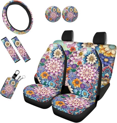 Purple Camouflage Car Seat Cover Protector Front & Rear Seat Cover Full Set with Camo Steering Wheel Cover + Seatbelt Strap Cover+ Coasters+ Key Chains Universal Fit in Kuwait