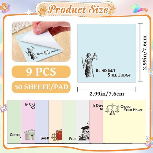 Lawyer Sticky Notes Gifts - 9 PCS Funny Attorney Notepads 3x3 Inches, Lawyer Gifts for Women Men, Law Self-Stick Memo Pads, Legal School Office Supplies for Students Coworkers (450 Sheets) in Kuwait