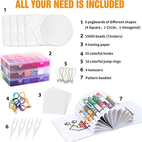 OUTUXED 72 Colors Fuse Beads Kit 15000 Pcs 5mm Beads Craft Kit Including Pegboard, Melting Beads, Ironing Paper, Tweezers & Colorful Hooks, Christmas Home School Arts and Crafts Supplies for Girls in Saudi Arabia