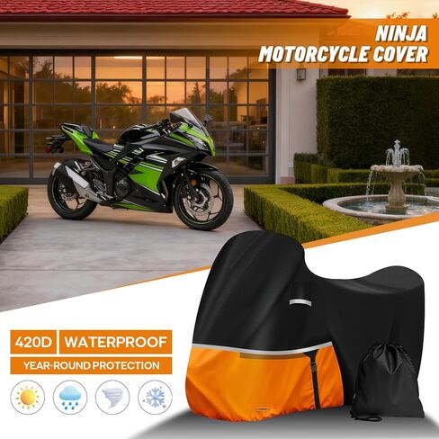 Waterproof Motorcycle Cover for Kawasaki Ninja 400/500/650 Z900 ZX6R (No Trunk Models), 420D Oxford Cloth Heavy Duty Motorbike Cover for Snow Rain UV Dust All Weather Outdoor Protection in Saudi Arabia