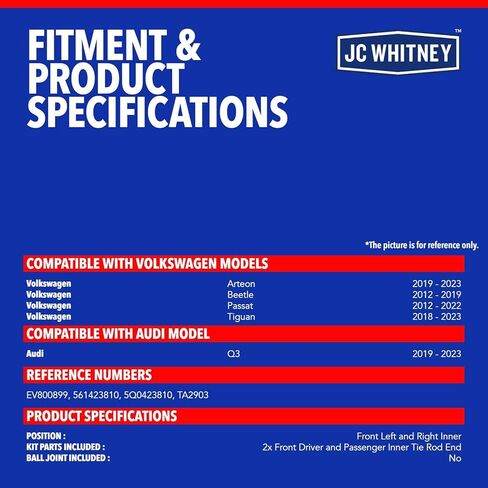 JC Whitney JFBAJCWCA00372 Set of 2 Tie Rod End (Front Left & Right Inner) - Compatible with Volkswagen Tiguan 2018-2023, Passat 2012-2022, Beetle 2012-2019, Arteon 2019-2023, Audi Q3 2019-2023 in Kuwait
