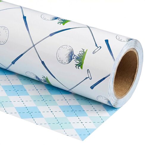 WAPLIGHAL Reversible Golf Wrapping Paper Roll - Blue Plaid Gift Wrap for Men Dad Father’s Day Birthday -17.5" x 26 Feet in Saudi Arabia