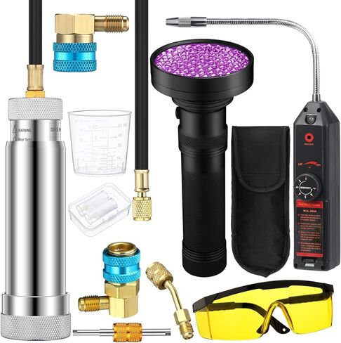 Tellegloww Ac Leak Detector Kit R1234yf R134a R410a Ac Oil UV Dye Injector Kit أداة كشف تسرب المبردات، أداة كشف تسرب المبردات، الجانب المنخفض، قارنة التوصيل السريع، محول سبليت، مصباح يدوي مع نظارات واقية in Kuwait
