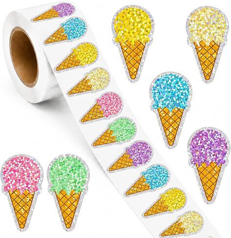 500 Pcs 1.5 Inch Glitter Ice Cream Stickers Roll, 6 Colors Sparkly Cone Stickers Self-Adhesive Labels Party Favors Scrapbooking Summer Crafts Birthday Decorations Classroom Reward Stickers in Saudi Arabia