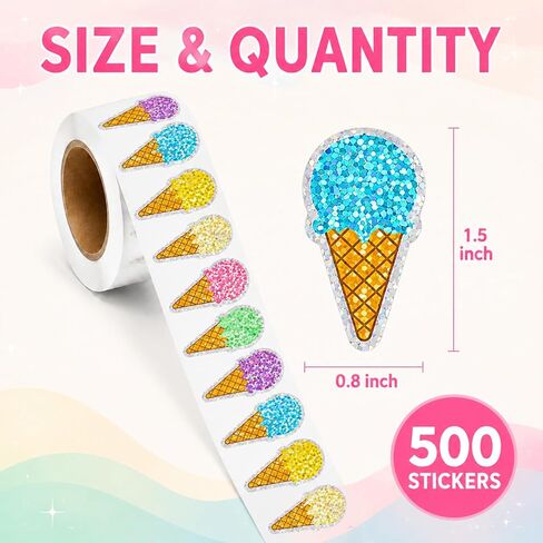 500 Pcs 1.5 Inch Glitter Ice Cream Stickers Roll, 6 Colors Sparkly Cone Stickers Self-Adhesive Labels Party Favors Scrapbooking Summer Crafts Birthday Decorations Classroom Reward Stickers in Saudi Arabia