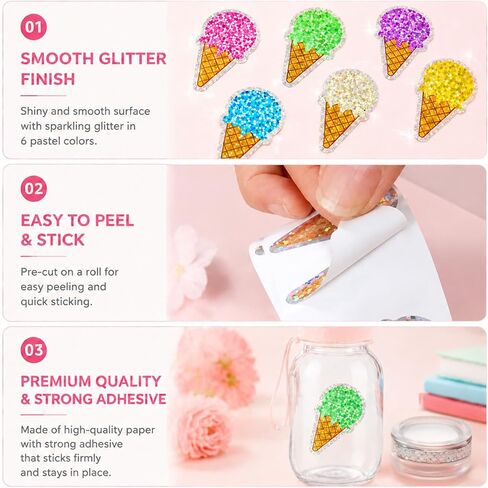 500 Pcs 1.5 Inch Glitter Ice Cream Stickers Roll, 6 Colors Sparkly Cone Stickers Self-Adhesive Labels Party Favors Scrapbooking Summer Crafts Birthday Decorations Classroom Reward Stickers in Saudi Arabia