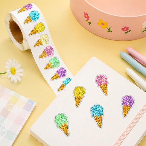 500 Pcs 1.5 Inch Glitter Ice Cream Stickers Roll, 6 Colors Sparkly Cone Stickers Self-Adhesive Labels Party Favors Scrapbooking Summer Crafts Birthday Decorations Classroom Reward Stickers in Saudi Arabia