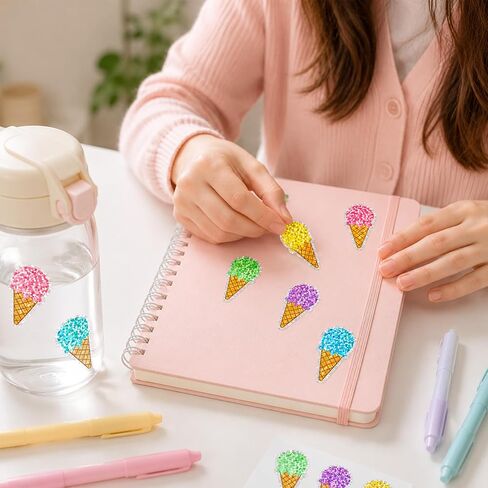 500 Pcs 1.5 Inch Glitter Ice Cream Stickers Roll, 6 Colors Sparkly Cone Stickers Self-Adhesive Labels Party Favors Scrapbooking Summer Crafts Birthday Decorations Classroom Reward Stickers in Saudi Arabia