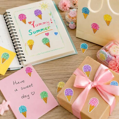 500 Pcs 1.5 Inch Glitter Ice Cream Stickers Roll, 6 Colors Sparkly Cone Stickers Self-Adhesive Labels Party Favors Scrapbooking Summer Crafts Birthday Decorations Classroom Reward Stickers in Saudi Arabia