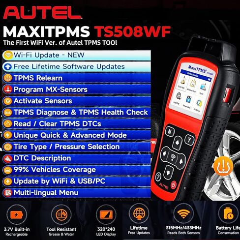 Autel MaxiTPMS TS508WF TPMS Relearn Tool, Upgrade of TS508 / TS408 TPMS Tool, Activate/Relearn All Sensors, Program Autel Sensors, TPMS Reset/Diagnosis, Read/Clear TPMS Code, Free Lifetime Update in Kuwait