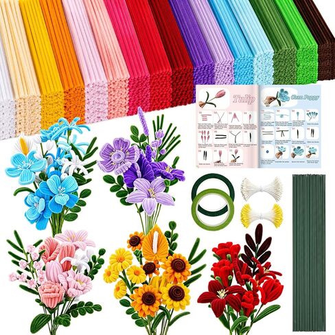 RQAYE 1600Pcs Pipe Cleaner Flower kit, Pipe Cleaners Craft with Handle,16 Colors Flower Making Kit with Chenille Stems,Art and Craft Supplies in Saudi Arabia
