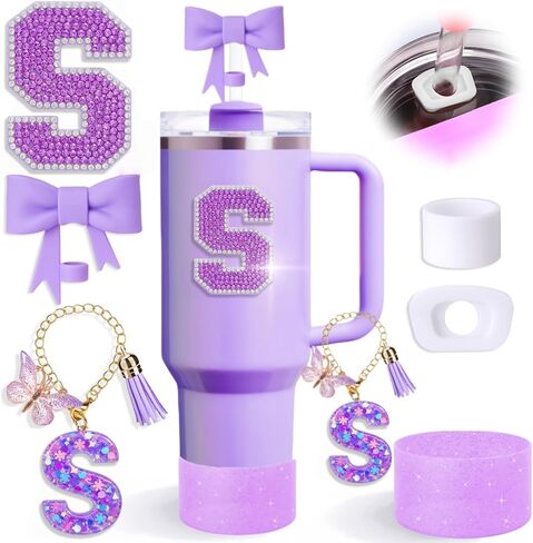 MOTEERLLU 6pcs Stanley Cup Accessories Set,Bow Straw Cover for Stanley Cup 30oz 40oz, Including Straw Topper,Spill Proof Stopper,Sparkly Silicone Boot Set,Handle Charm,Initials Sticker (M) in Saudi Arabia