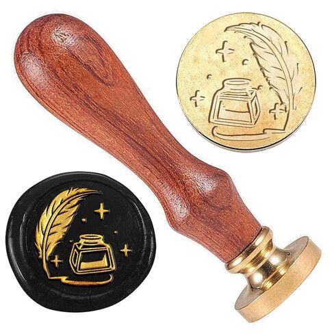 Quill Ink Bottle Wax Stamp, Vintage Wax Sealing Stamp 1" Brass Head Stamp with Wooden Handle Retro Wax Seal Stamp for Gift Wrapping Envelopes Cards Letters Wine Packages Decoration in Kuwait