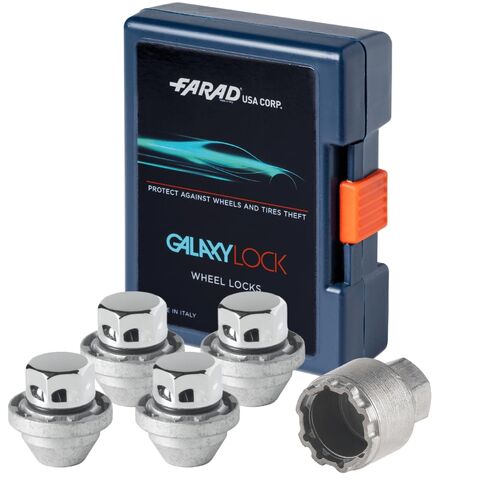 مجموعة أقفال العجلات Farad GalaxyLock HA9/M المطلية بالكروم مناسبة لسيارة شيفروليه سيلفرادو EV (حجم الخيط M14 X 1.5) - مجموعة من 4 صواميل + مفتاح واحد in Kuwait