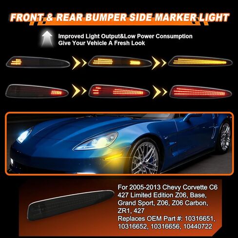 LED Front & Rear Fender Side Marker Lights for Chevy Corvette C6 Z06 ZR1 2005-2013, Sequential Red | Amber LED Side Marker Lamp, Replaces# 10316651 10316652 10316656 10440722 (Amber+Red LED) in Saudi Arabia