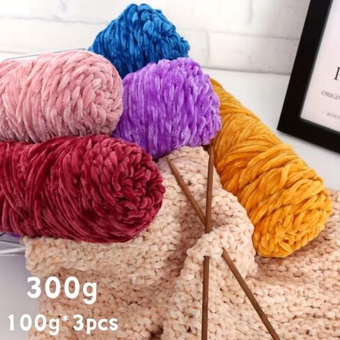 3x100g Soft Chenille Yarn for Crocheting,Velvet Yarn for Blanket-Bulky #5-3x93 yds-MicroPolyester Wool Yarn for DIY Craft Projects-09-Yellow in Kuwait
