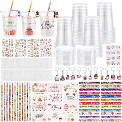 24 Sets Return Gifts Birthday Party Favors Goodie Bag Cup Fillers Gifts Include Cups Keychains Slap Bracelets Pencils Stickers Greeting Cards for Birthday Party Rewards Classroom Exchanging in Kuwait
