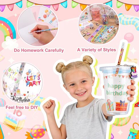 24 Sets Return Gifts Birthday Party Favors Goodie Bag Cup Fillers Gifts Include Cups Keychains Slap Bracelets Pencils Stickers Greeting Cards for Birthday Party Rewards Classroom Exchanging in Kuwait