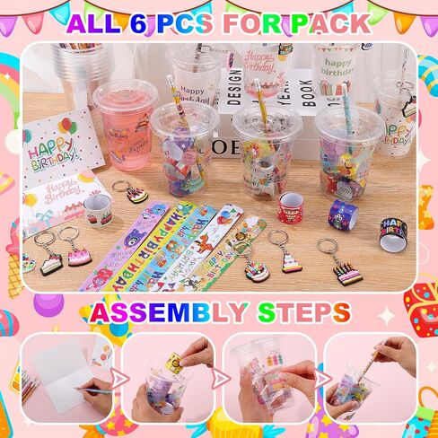 24 Sets Return Gifts Birthday Party Favors Goodie Bag Cup Fillers Gifts Include Cups Keychains Slap Bracelets Pencils Stickers Greeting Cards for Birthday Party Rewards Classroom Exchanging in Kuwait