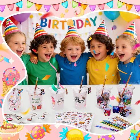 24 Sets Return Gifts Birthday Party Favors Goodie Bag Cup Fillers Gifts Include Cups Keychains Slap Bracelets Pencils Stickers Greeting Cards for Birthday Party Rewards Classroom Exchanging in Kuwait