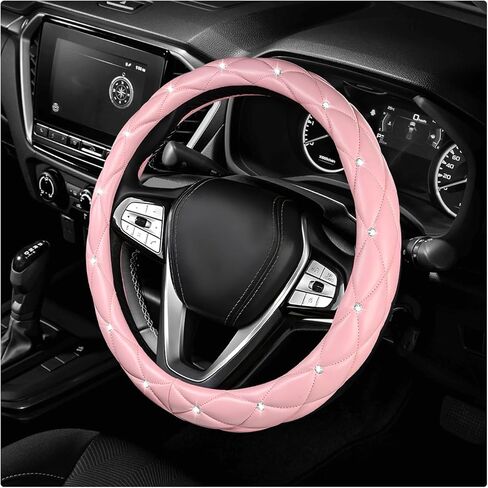 Diamond Soft Leather Steering Wheel Cover, 15" Anti-Slip Steering Wheel Protector w/Crystal Rhinestones, Bling Car Wheels Cover Universal Interior Accessories for Women Girls (Pink) in Saudi Arabia
