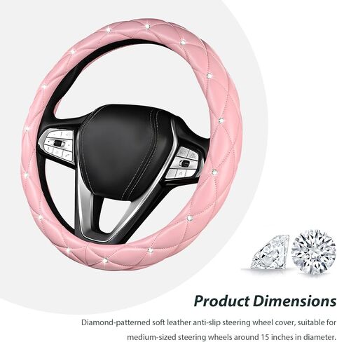 Diamond Soft Leather Steering Wheel Cover, 15" Anti-Slip Steering Wheel Protector w/Crystal Rhinestones, Bling Car Wheels Cover Universal Interior Accessories for Women Girls (Pink) in Saudi Arabia