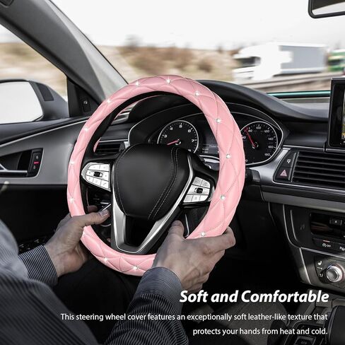 Diamond Soft Leather Steering Wheel Cover, 15" Anti-Slip Steering Wheel Protector w/Crystal Rhinestones, Bling Car Wheels Cover Universal Interior Accessories for Women Girls (Pink) in Saudi Arabia