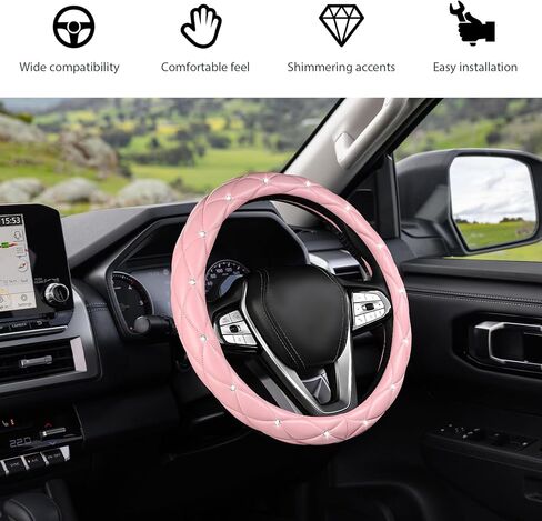 Diamond Soft Leather Steering Wheel Cover, 15" Anti-Slip Steering Wheel Protector w/Crystal Rhinestones, Bling Car Wheels Cover Universal Interior Accessories for Women Girls (Pink) in Saudi Arabia