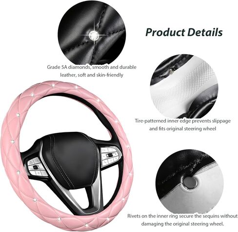 Diamond Soft Leather Steering Wheel Cover, 15" Anti-Slip Steering Wheel Protector w/Crystal Rhinestones, Bling Car Wheels Cover Universal Interior Accessories for Women Girls (Pink) in Saudi Arabia