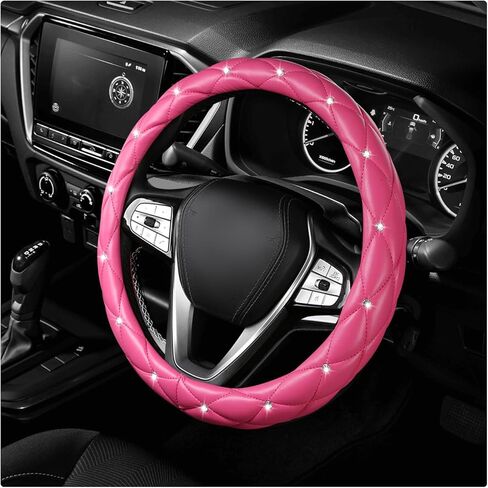 Diamond Soft Leather Steering Wheel Cover, 15" Anti-Slip Steering Wheel Protector w/Crystal Rhinestones, Bling Car Wheels Cover Universal Interior Accessories for Women Girls (Pink) in Saudi Arabia