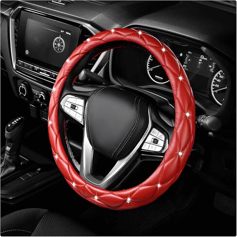 Diamond Soft Leather Steering Wheel Cover, 15" Anti-Slip Steering Wheel Protector w/Crystal Rhinestones, Bling Car Wheels Cover Universal Interior Accessories for Women Girls (Pink) in Saudi Arabia