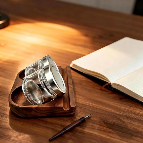 Wooden Tilting Calligraphy Pen Holder with 2 Glass Ink Bottle Container, Calligraphy Oblique Nib Holder Stand Base Set, Non-Slip Base Ink Bottle Holder for Dip Pen, Desktop Table Decoration in Kuwait