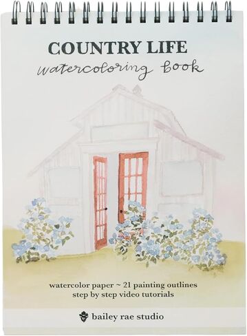 كتاب التلوين المائي لـ Bailey Rae Studio Country Life | كتاب تلوين للكبار للنساء والرجال، مصنف للألوان المائية مع 21 مخططًا تفصيليًا سهلاً | مع دروس الفيديو | مشاهد ريفية وغربية صديقة للمبتدئين in Kuwait