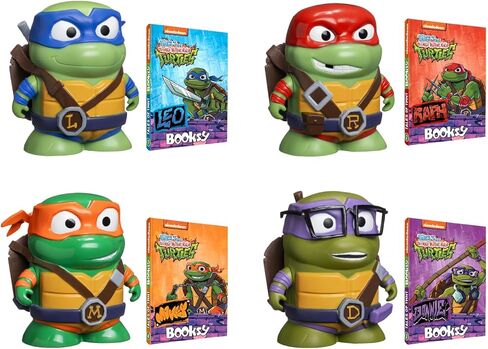 مجموعة من 4 شخصيات مجسمة من سلاحف النينجا المراهقون المتحولون مع كتب قصص مخفية - ألعاب TMNT للأولاد والبنات من عمر 3 إلى 8 سنوات، مرخصة رسميًا، تشمل ليوناردو ورافاييل ومايكل أنجلو ودوناتيلو in Kuwait