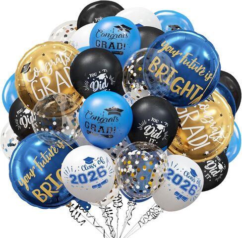 بالونات التخرج باللونين الأزرق والذهبي من GuassLee 2026 - بالونات قصاصات من اللاتكس مع بالونات رقائق معدنية للتهنئة لمستلزمات حفلات التخرج، 60 قطعة in Kuwait
