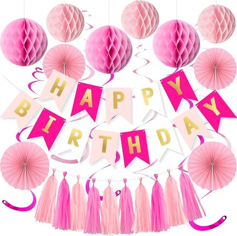 Pink Birthday Decorations Set for Women Girls Happy Birthday Banner Honeycomb Balls Paper Fans Hanging Swirl Streamers Tassels Complete Pink Birthday Party Decor Supplies in Saudi Arabia