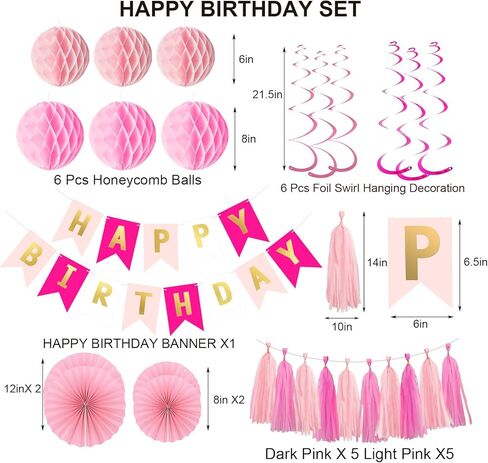 Pink Birthday Decorations Set for Women Girls Happy Birthday Banner Honeycomb Balls Paper Fans Hanging Swirl Streamers Tassels Complete Pink Birthday Party Decor Supplies in Saudi Arabia