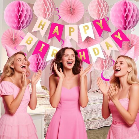 Pink Birthday Decorations Set for Women Girls Happy Birthday Banner Honeycomb Balls Paper Fans Hanging Swirl Streamers Tassels Complete Pink Birthday Party Decor Supplies in Saudi Arabia
